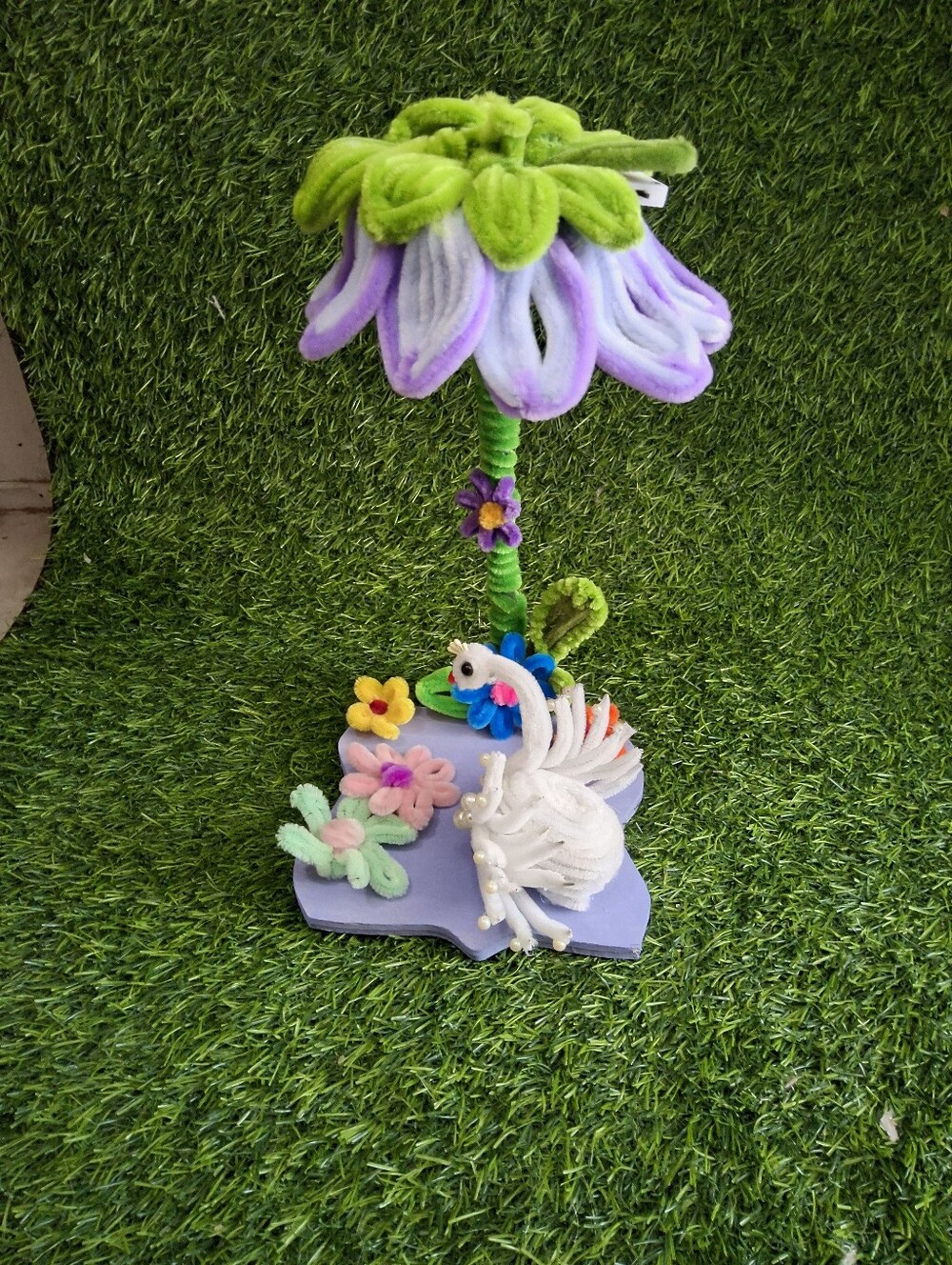 Handmade Floral Swan fairy Light Purple & Green Chenile Flowers Cover The Base - Picture 4 of 5